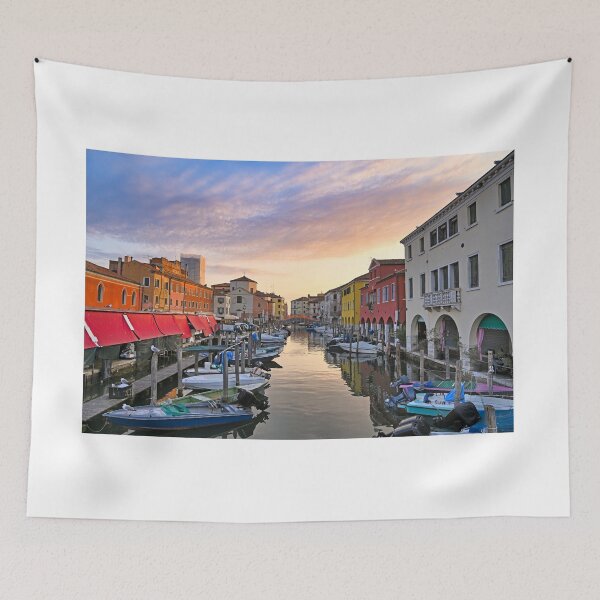 Item preview, Small boats floating in calm water, sunrise over town of Chioggia, Venetian Lagoon, Veneto, Italy.  designed and sold by goceris.