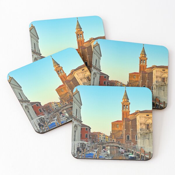 Item preview, Iglesia de Santiago Apóstol, canal Vena en la ciudad de Chioggia, laguna veneciana, Véneto, Italia. Pequeñas embarcaciones flotando en aguas tranquilas. designed and sold by goceris.