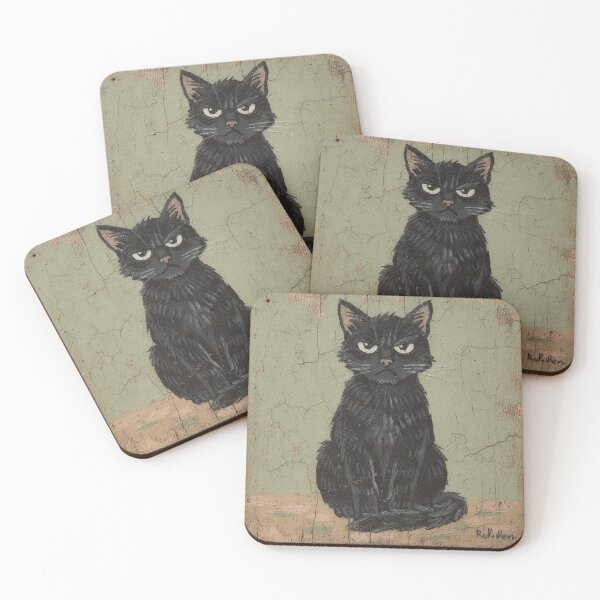 Item preview, Serious Black Cat Sitting Straight Folk Art designed and sold by PictorialWhimsy.
