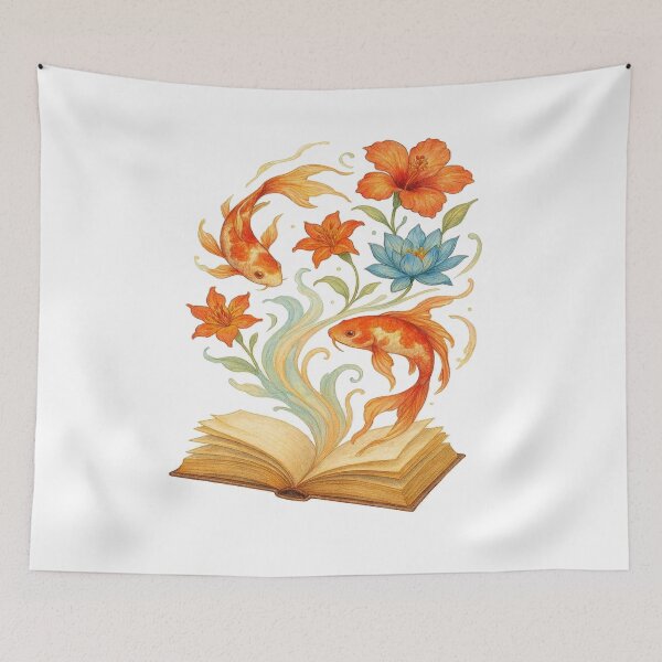 Item preview, Open Book Transforming into Koi Fish & Flowers | Magical Book Lover Design designed and sold by BookedAndDesign.