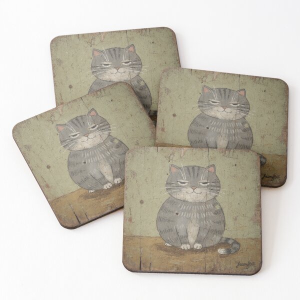 Item preview, Sleepy Grey Squint Cat Folk Painting designed and sold by PictorialWhimsy.