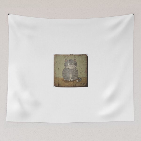 Item preview, Sleepy Grey Squint Cat Folk Painting designed and sold by PictorialWhimsy.