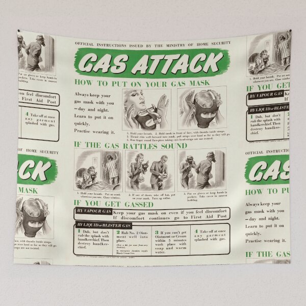 Item preview, Vintage WWII Gas Mask Poster | Historical Civil Defense Art | Home Security Instructions | Wartime Britain Print designed and sold by artofuniverse.