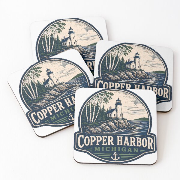 Artikelvorschau, Copper Harbor Michigan Lighthouse Vintage Travel Badge - Keweenaw Peninsula Coastal Art entworfen und verkauft von Elbstromstudio.