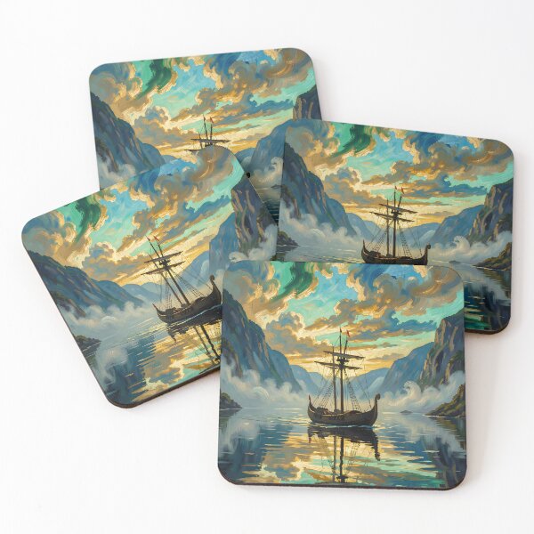 Item preview, Viking ship in a foggy fjord designed and sold by VoidVeilStudio.