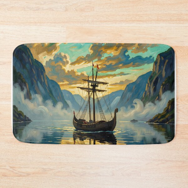 Item preview, Viking ship in a foggy fjord designed and sold by VoidVeilStudio.