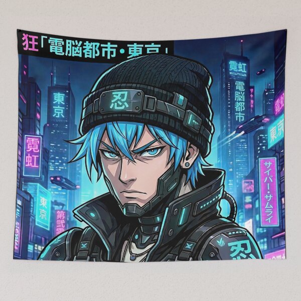 Item preview, Neo Ninja 2049 Cyberpunk Blue Hair Anime Boy designed and sold by DigitalArtx-com.