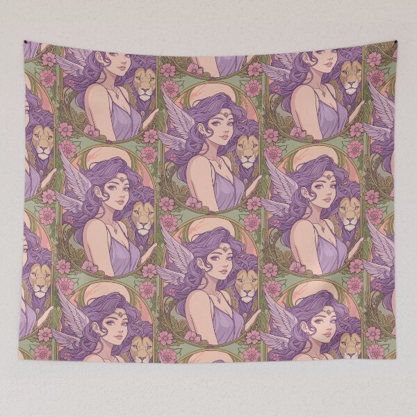Item preview,  Fantasy Angel Girl With Lion – Pastel Purple Aesthetic Art Print | Leo Zodiac Goddess with Lion Art | Leo Energy Celestial Astrology Illustration | Anime Fantasy Girl  designed and sold by RSDigitalPrintDesign.