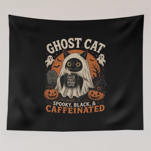 Item preview, Ghost Cat Spooky Black Cat Coffee Lover Halloween Design – Funny Cute Cat T-Shirt & Sticker designed and sold by Artimax-Studio.