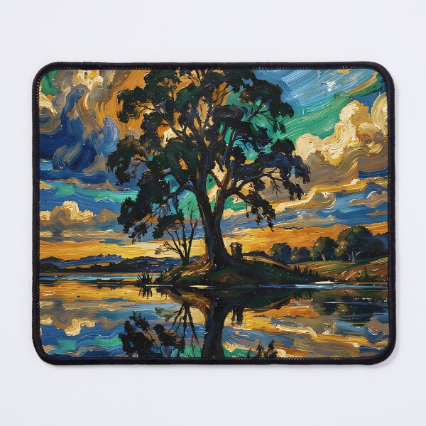 Item preview, Tree by the lake under a colorful cloudy sky designed and sold by VoidVeilStudio.