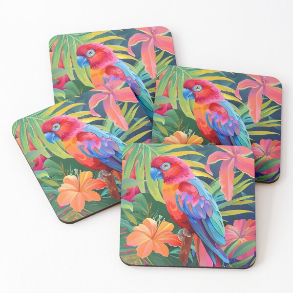 Item preview, Vibrant Tropical Parrot Perched Amidst Colorful Hibiscus Flowers and Jungle Foliage designed and sold by Pierce Millington Gallery.