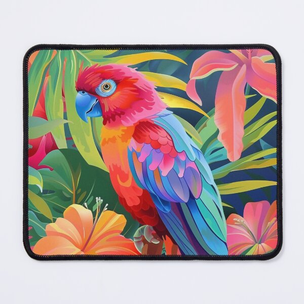 Item preview, Vibrant Tropical Parrot Perched Amidst Colorful Hibiscus Flowers and Jungle Foliage designed and sold by Pierce Millington Gallery.