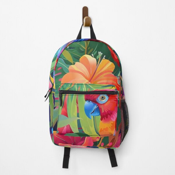 Item preview, Vibrant Tropical Parrot Perched Amidst Colorful Hibiscus Flowers and Jungle Foliage designed and sold by Pierce Millington Gallery.