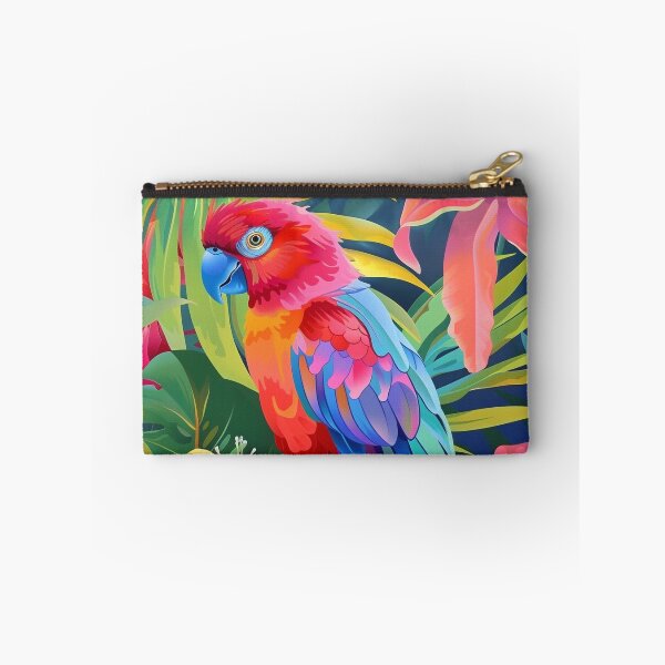 Item preview, Vibrant Tropical Parrot Perched Amidst Colorful Hibiscus Flowers and Jungle Foliage designed and sold by Pierce Millington Gallery.