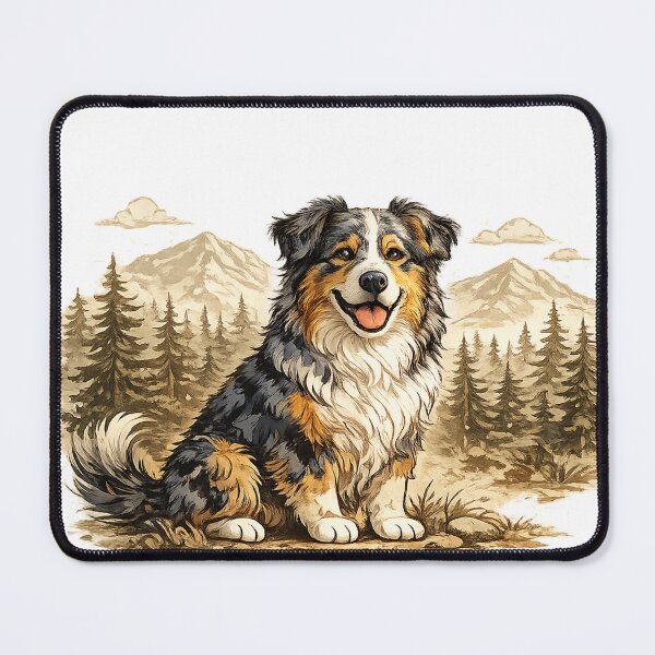 Item preview, Happy Australian Shepherd Mountain Adventure | Vintage Outdoor Vector Art designed and sold by Golden Era Studio.