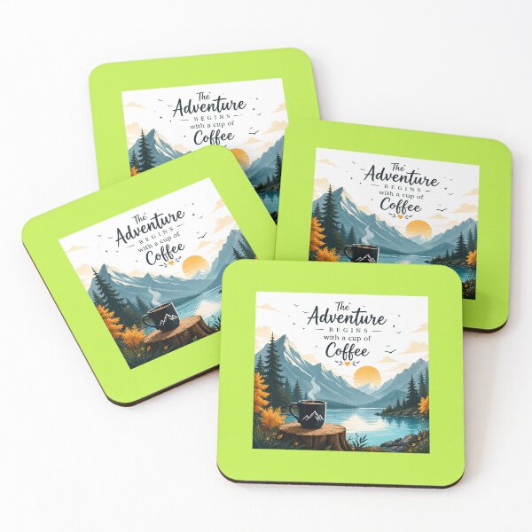 Item preview, The Adventure Begins with Coffee – Mountain Lake Nature Typography designed and sold by vinothmech53.