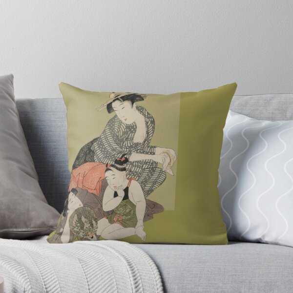 Item preview, Japanese Women with Child Portrait - Modern Ukiyo-e - Japandi, Olive Green designed and sold by Black Swallow.