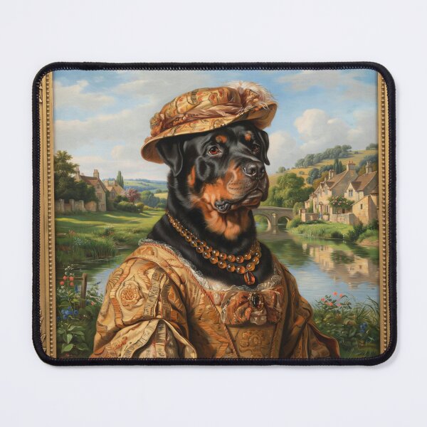 Item preview, A formal baroque-style royal portrait illustration of a charming Rottweiler wearing an elegant ochre patterned evening gown designed and sold by 123ks.