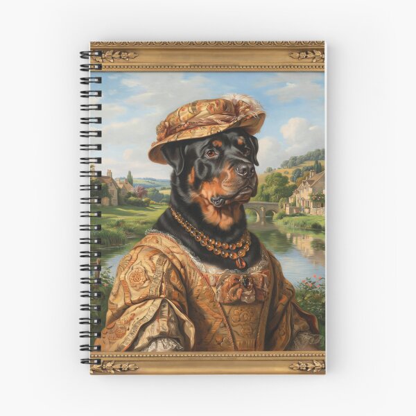 Item preview, A formal baroque-style royal portrait illustration of a charming Rottweiler wearing an elegant ochre patterned evening gown designed and sold by 123ks.