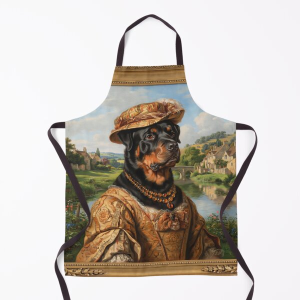 Item preview, A formal baroque-style royal portrait illustration of a charming Rottweiler wearing an elegant ochre patterned evening gown designed and sold by 123ks.