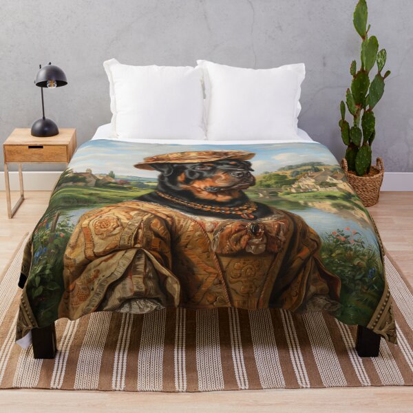 Item preview, A formal baroque-style royal portrait illustration of a charming Rottweiler wearing an elegant ochre patterned evening gown designed and sold by 123ks.