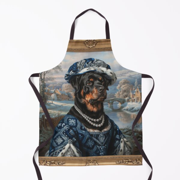Item preview, A formal baroque-style royal portrait illustration of a charming Rottweiler wearing an elegant deep royal-blue and silver winter gown with fur trim, pearl necklace, and a matching regal winter hat designed and sold by 123ks.