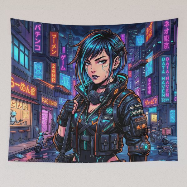 Item preview, Cyberpunk Rebel Cyan Hair Anime Hacker Girl Techwear designed and sold by DigitalArtx-com.