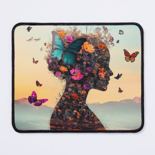Item preview, Silhouette portrait of a beautiful girl created from flowers, butterflies and birds during sunset. designed and sold by Soft Oddity.