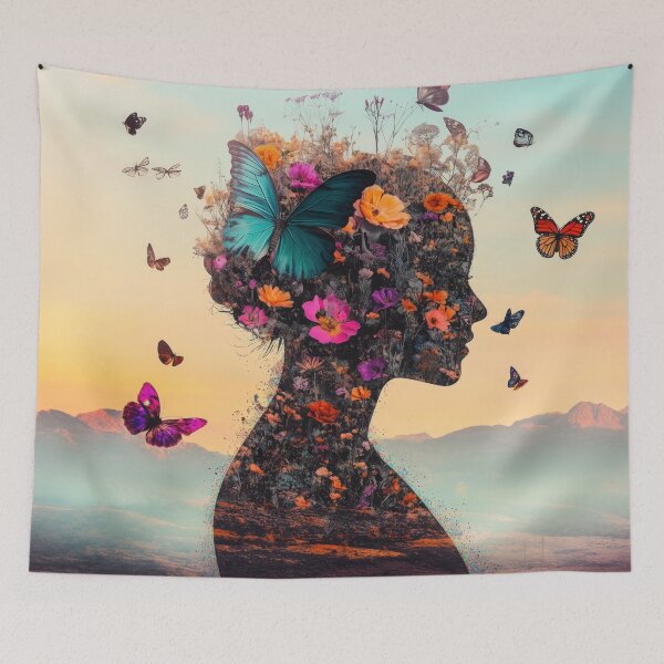 Item preview, Silhouette portrait of a beautiful girl created from flowers, butterflies and birds during sunset.	 designed and sold by Soft Oddity.