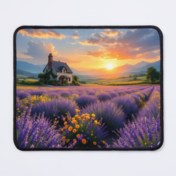 Item preview, Golden Sunset Over Lavender Fields – Cottage Mountain Landscape designed and sold by DreamyWallVibes.