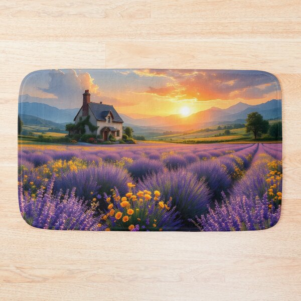 Item preview, Golden Sunset Over Lavender Fields – Cottage Mountain Landscape designed and sold by DreamyWallVibes.
