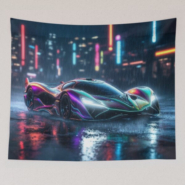Item preview, Cyberpunk Organic Hypercar - Neon Rain Cityscape Art designed and sold by Nexus Space.