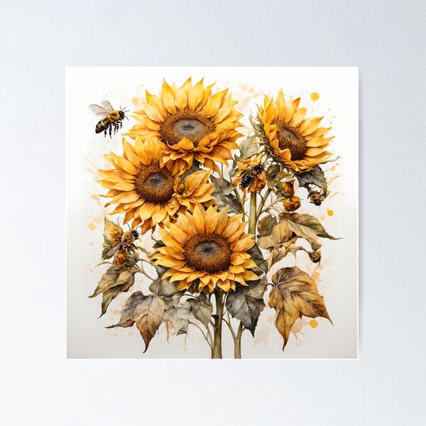 Item preview, Sunflower and Bees Watercolor Painting designed and sold by RawNaturePrints.