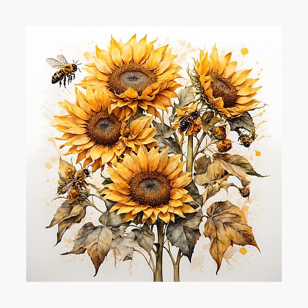 Item preview, Sunflower and Bees Watercolor Painting designed and sold by RawNaturePrints.