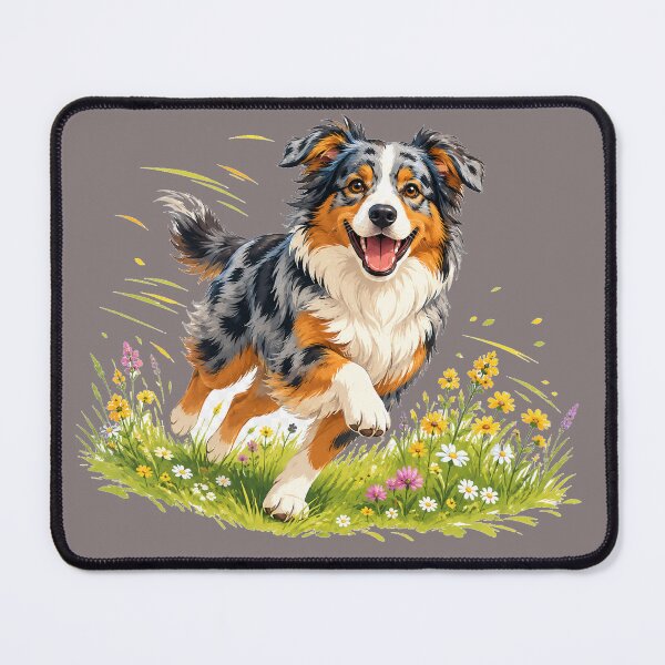 Item preview, Happy Australian Shepherd Running Through Wildflower Meadow | Bright Vector Dog Art designed and sold by Golden Era Studio.