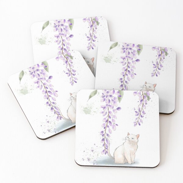 Item preview, Watercolor White Cat and Purple Wisteria Flowers Art designed and sold by LafinaArt.