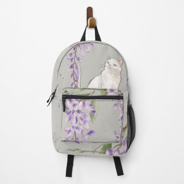 Item preview, Watercolor White Cat and Purple Wisteria Flowers Art designed and sold by LafinaArt.