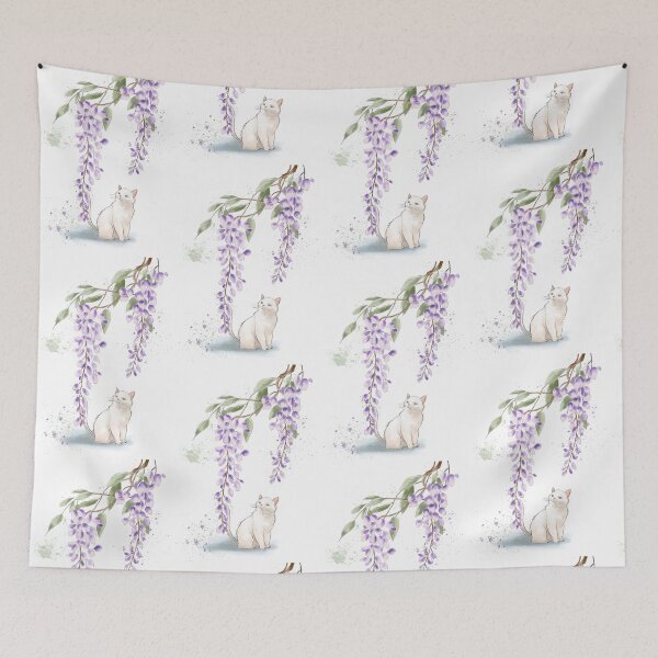 Item preview, Watercolor White Cat and Purple Wisteria Flowers Art designed and sold by LafinaArt.
