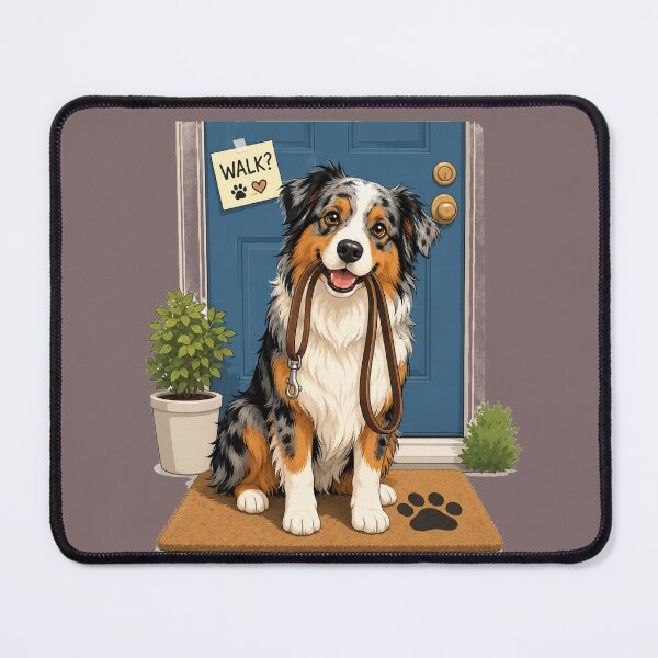Item preview, Australian Shepherd Ready for a Walk | Funny Dog with Leash Vector Art designed and sold by Golden Era Studio.
