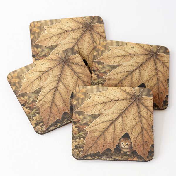 Item preview, Tiny Kitten Hiding Behind a Giant Autumn Maple Leaf Miniature Illustration designed and sold by DuckOddity.