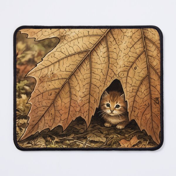 Item preview, Tiny Kitten Hiding Behind a Giant Autumn Maple Leaf Miniature Illustration designed and sold by DuckOddity.