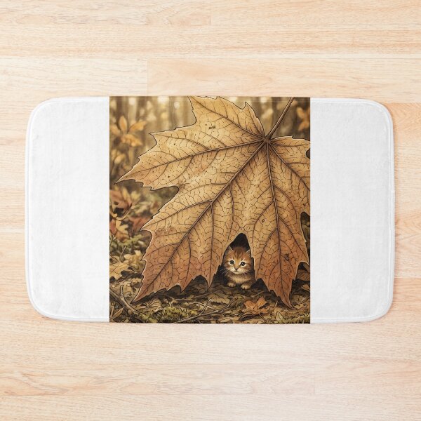 Item preview, Tiny Kitten Hiding Behind a Giant Autumn Maple Leaf Miniature Illustration designed and sold by DuckOddity.