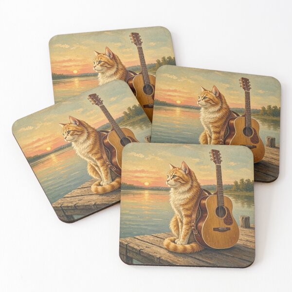 Item preview, Vintage Guitarist Cat Sunset Lake Oil Painting designed and sold by ElvisVintagePosters.