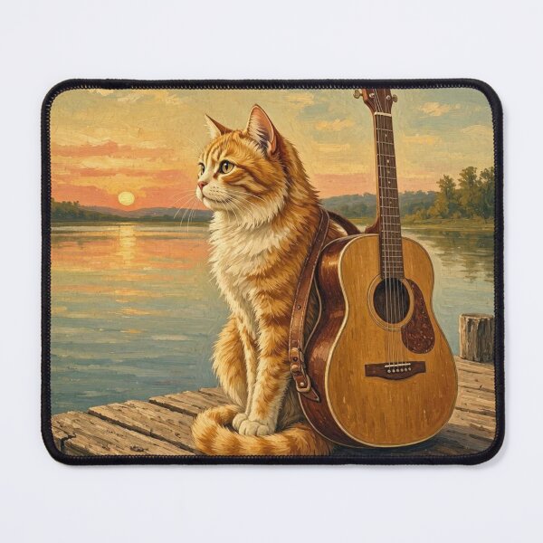 Item preview, Vintage Guitarist Cat Sunset Lake Oil Painting designed and sold by ElvisVintagePosters.