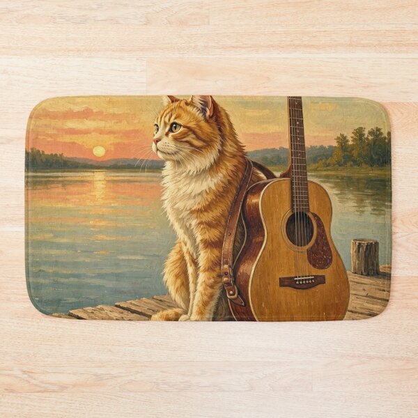 Item preview, Vintage Guitarist Cat Sunset Lake Oil Painting designed and sold by ElvisVintagePosters.