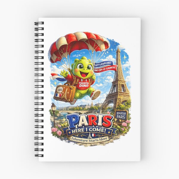 Item preview, Chhota Dino in Paris – Cute Dinosaur Sky Adventure, Parachute Travel, Eiffel Tower France Kids T-Shirt Design designed and sold by MeeraArts&Crafts.