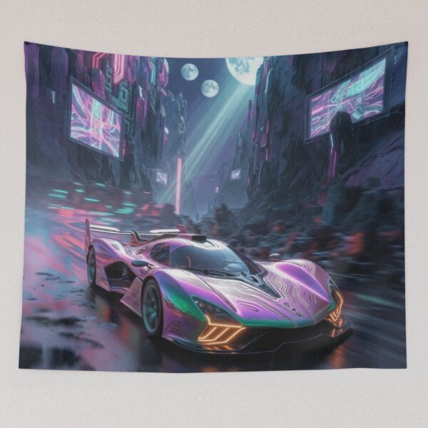 Item preview, Cyber Canyon Drift - Neon Iridescent Hypercar Art designed and sold by Nexus Space.