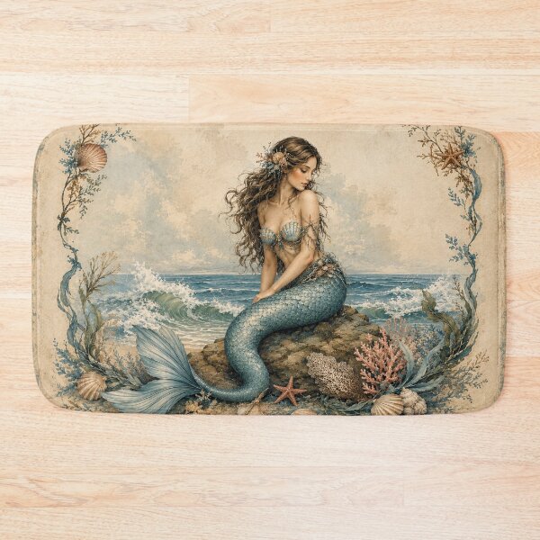 Item preview, Vintage Coastal Mermaid with Seashells and Coral designed and sold by ArtDesignRemix.