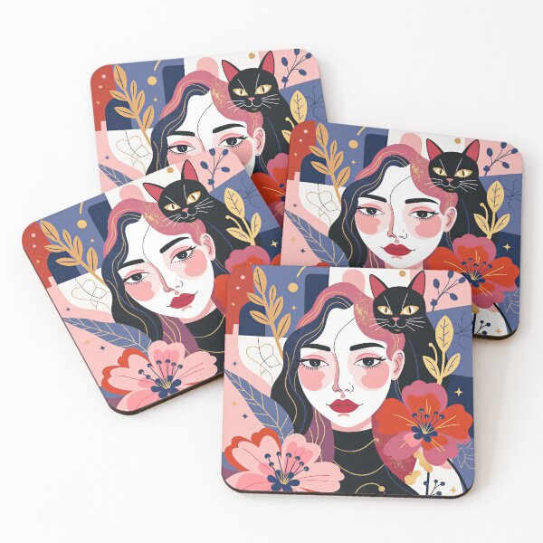 Item preview, Beautiful Woman with Black Cat Among Blooming Flowers | Flat 2D Botanical Wall Art designed and sold by QQQueen.