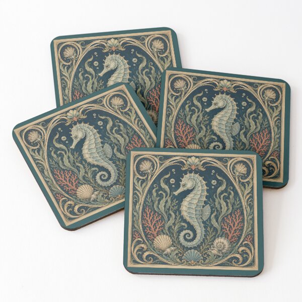 Item preview, Art Nouveau Seahorse with Coral and Seashells designed and sold by ArtDesignRemix.